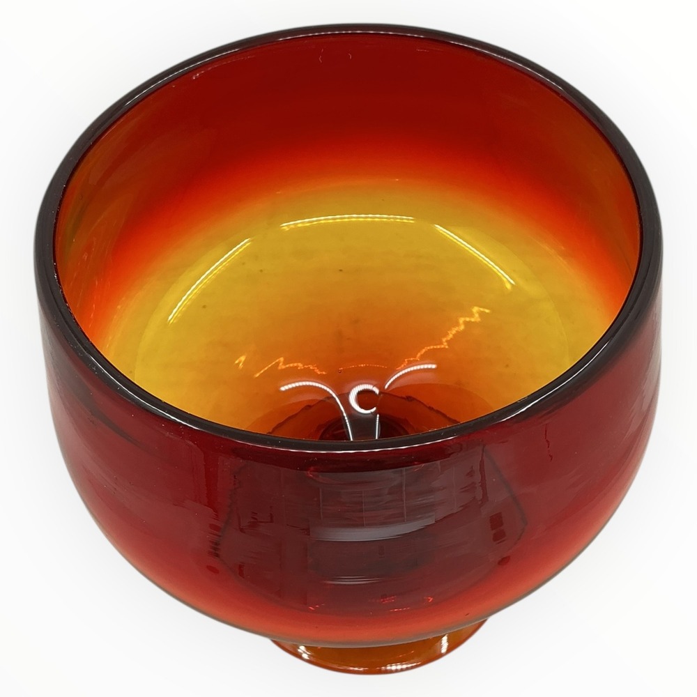 Blenko Tangerine Hand Blown Glass Footed Bowl Pedestal Compote 6.75 inches MCM - Picture 4 of 11